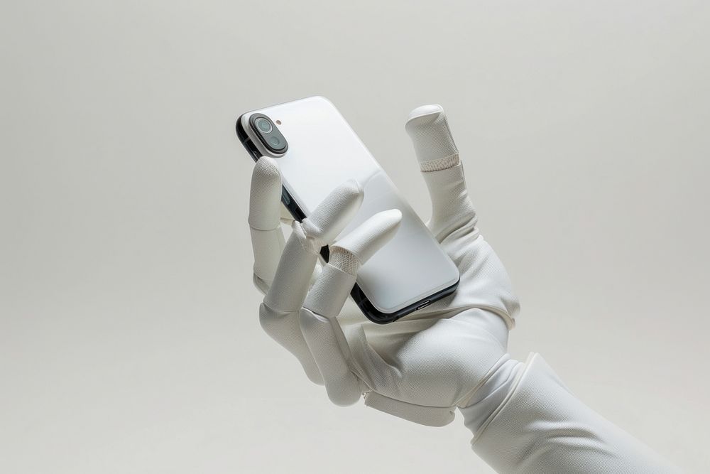 White prosthetic hand holding phone and case glove technology clothing.