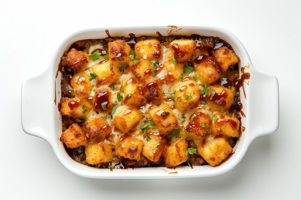 Top down view of tater tot poutine fresh out of the oven food meat white background.