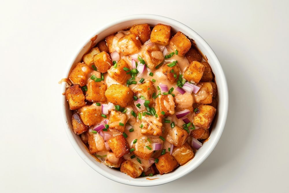 Top down view of tater tot poutine fresh out of the oven food meat tater tots.