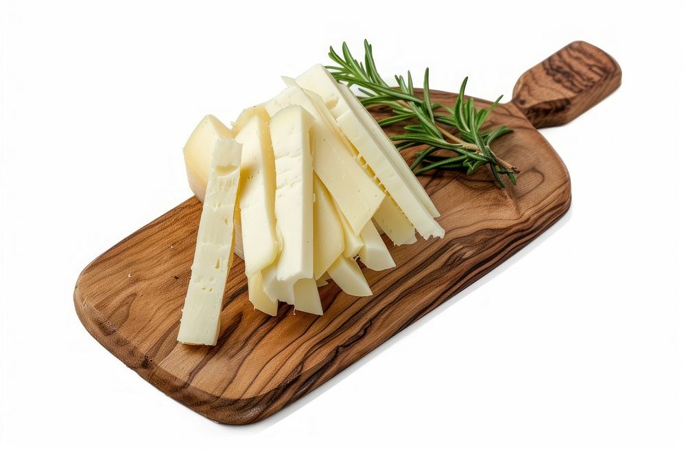 String cheese on rustic wooden board food parmigiano-reggiano white background.