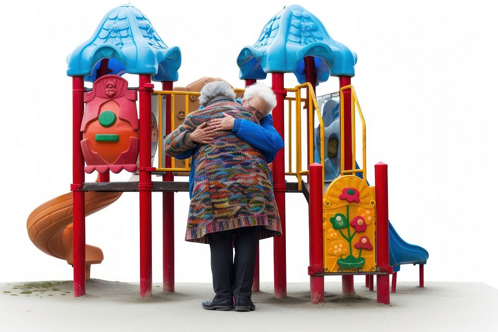 Two old women hugging at the playground outdoors adult white background.