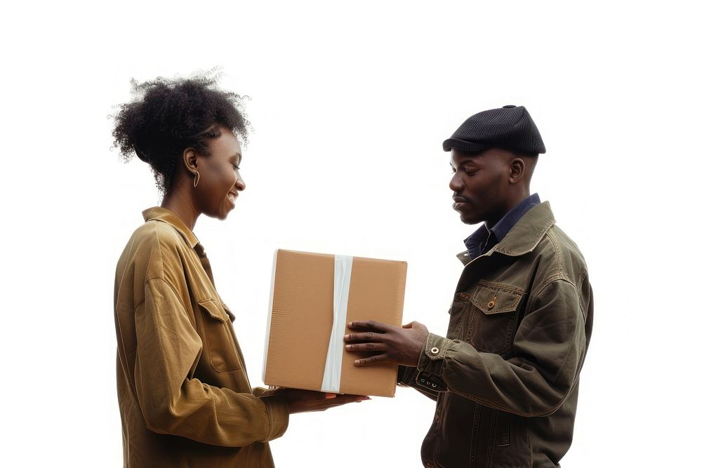 Two black people sending one package adult white background togetherness.