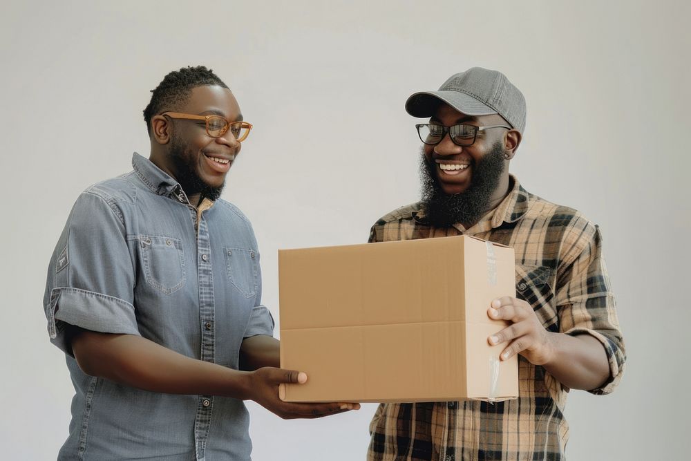 Two black people sending one package cardboard glasses adult.