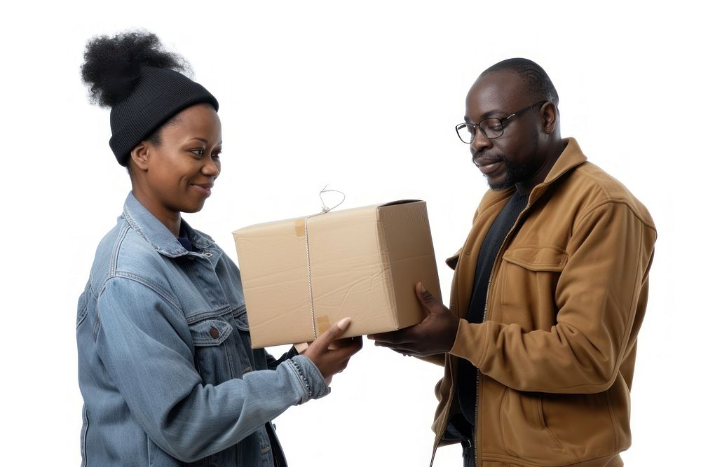 Two black people sending one package cardboard adult box.