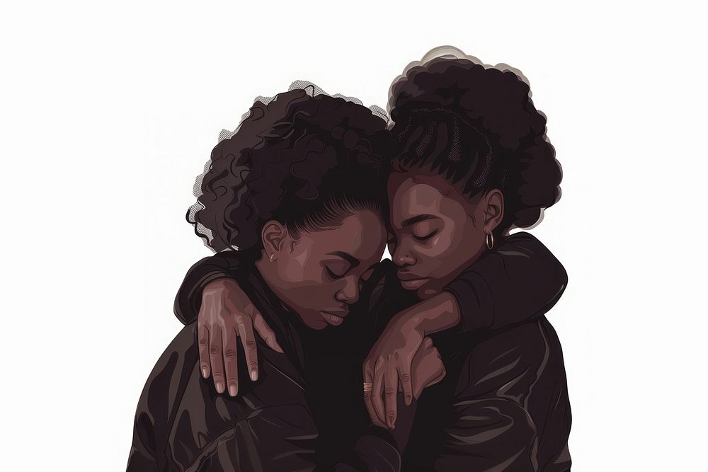 Two black young women hugging portrait adult white background.