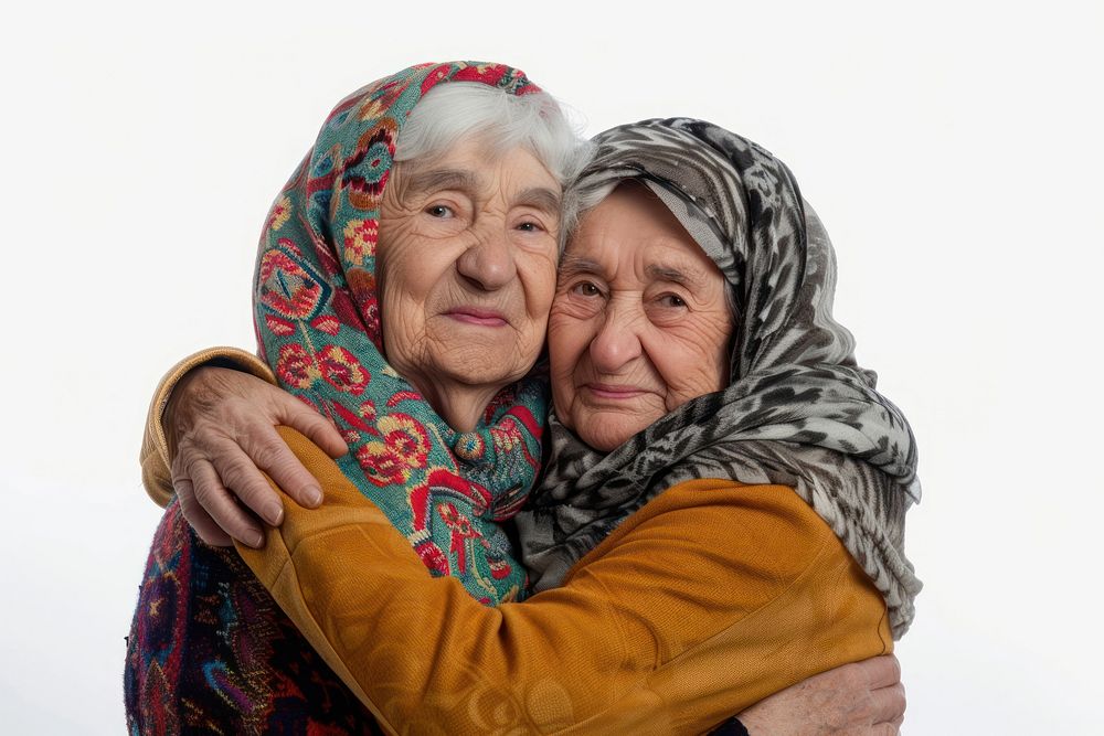 Two elder women hugging portrait adult scarf.