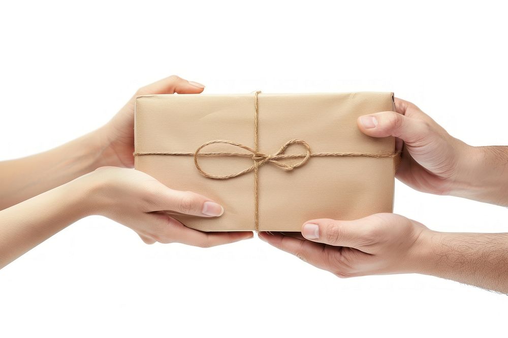 Two people sending one package gift box white background.