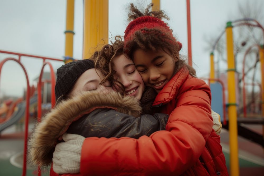 Two young women hugging at the playground portrait outdoors coat.