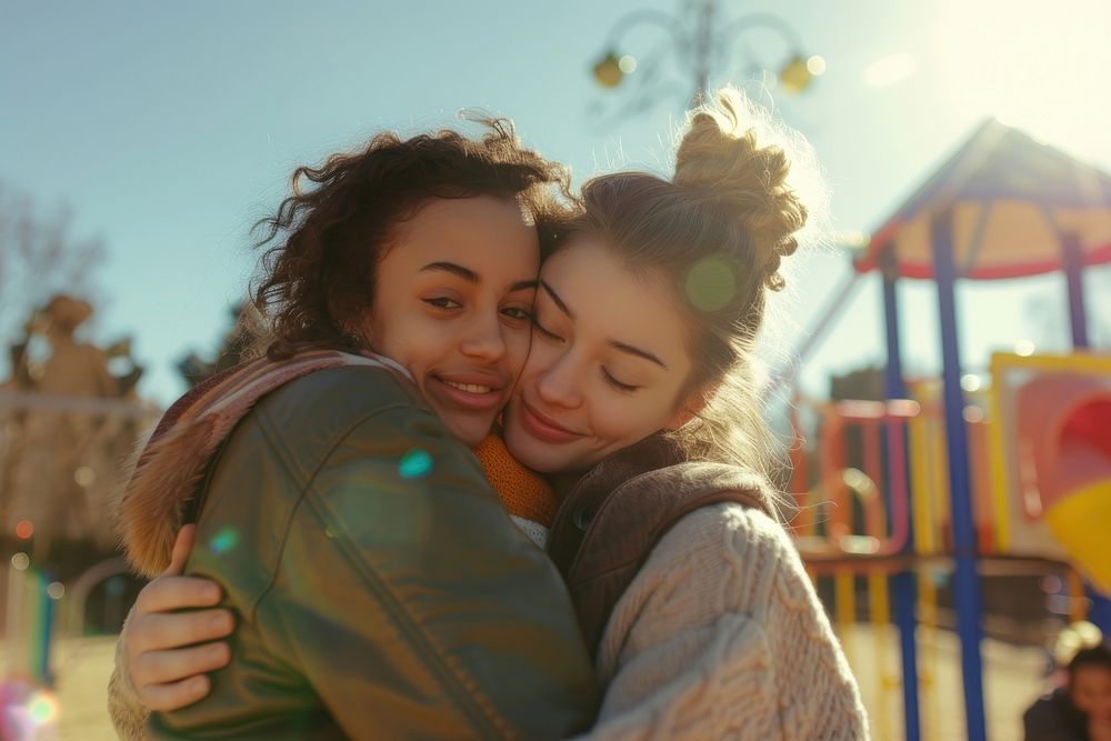 Two young women hugging at the playground outdoors portrait adult.