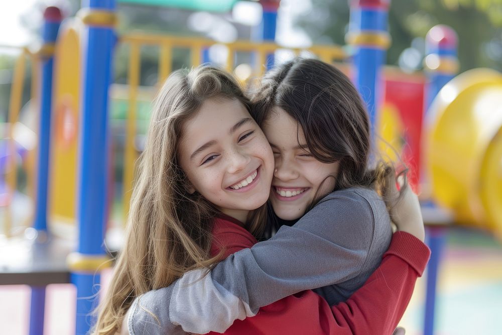 Two young women hugging at the playground portrait outdoors togetherness.