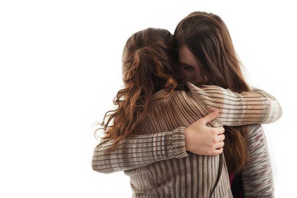 Two young women hugging adult white background affectionate.