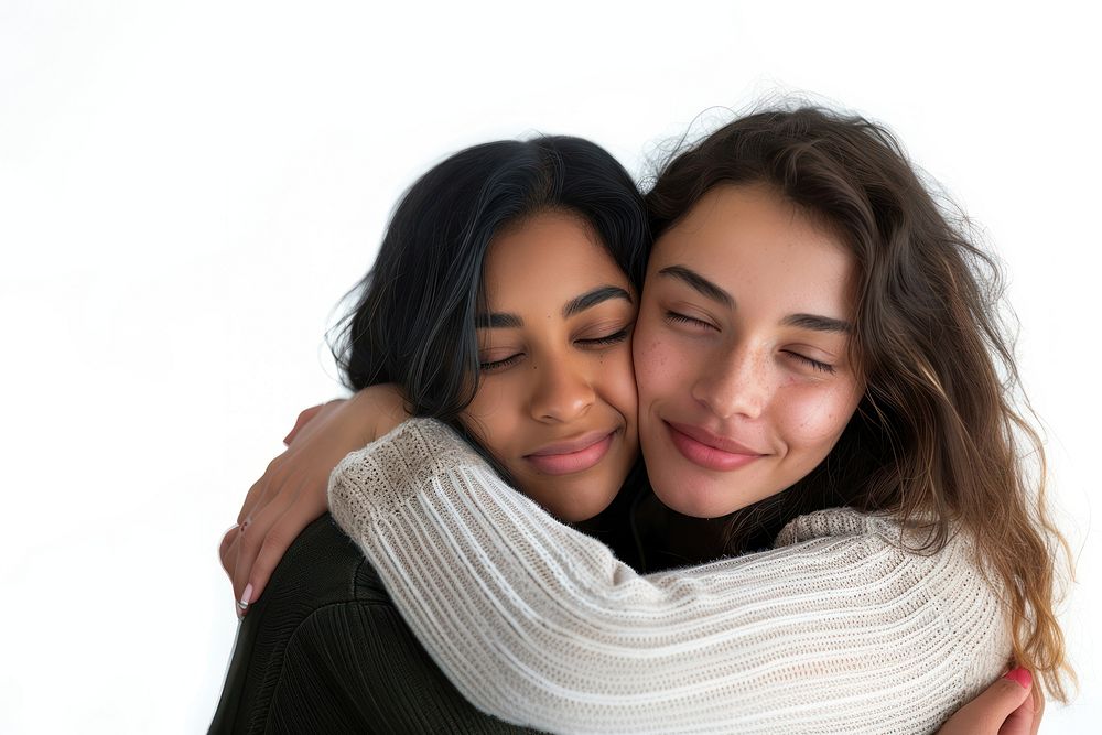 Two young women hugging adult white background togetherness.