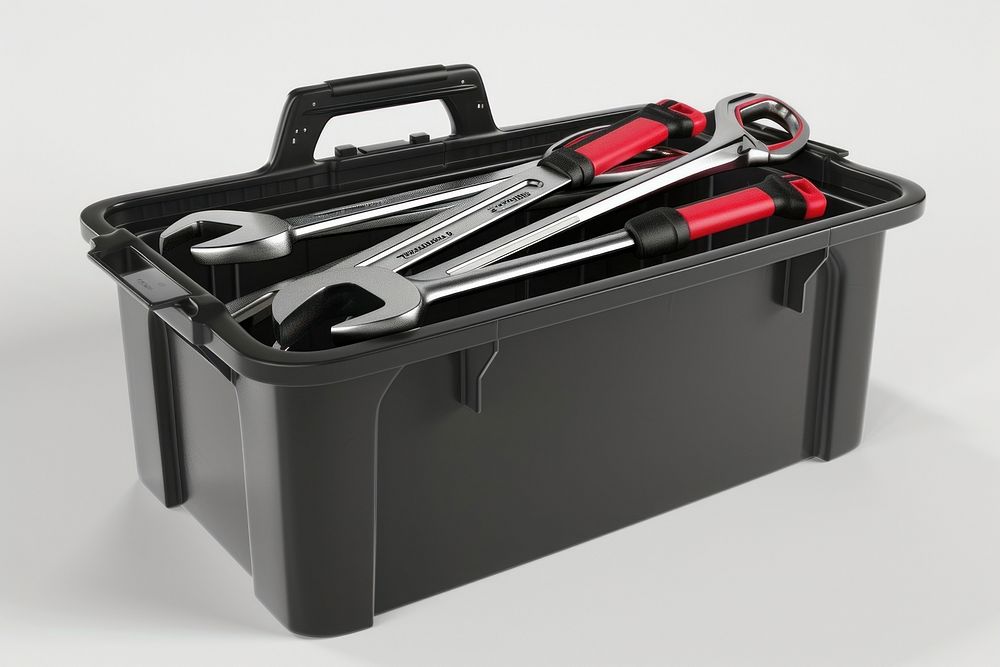 Tool tote box red white background screwdriver.