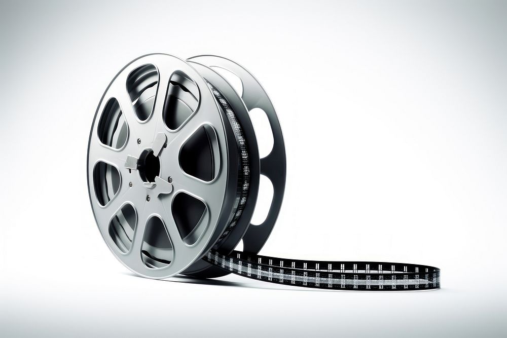 Film strip on reel wheel spoke white background.