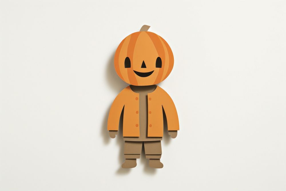Boy wearing jack o lantern in head vegetable pumpkin craft.