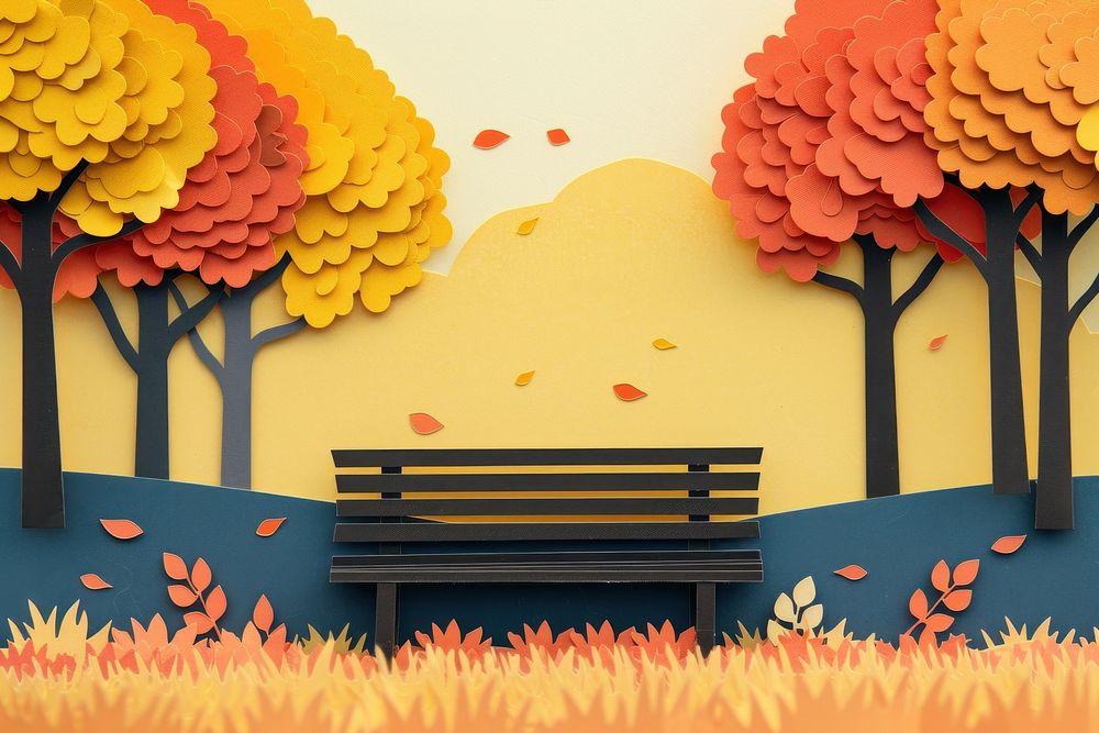Bench painting autumn park.