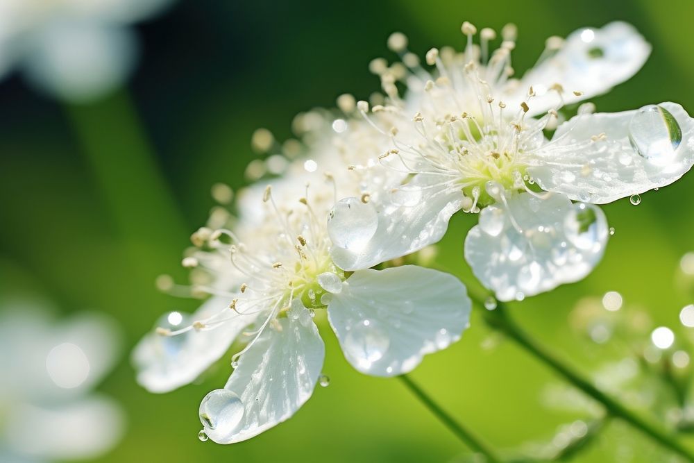 Water droplet on meadowsweet nature flower outdoors.