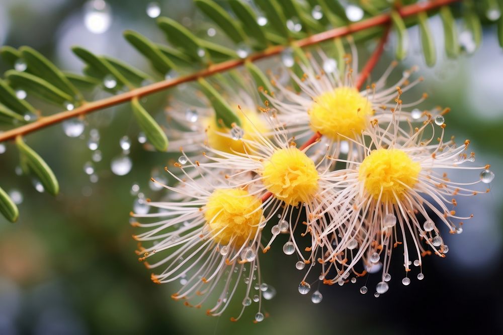 Water droplet on mimosa tree nature flower outdoors.