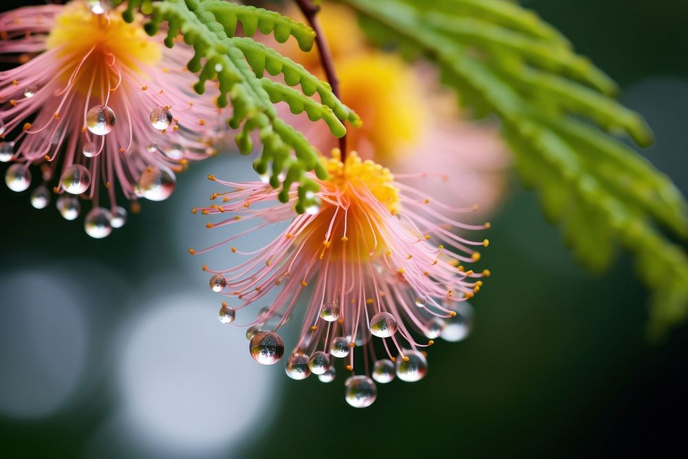 Water droplet on mimosa tree flower blossom nature.