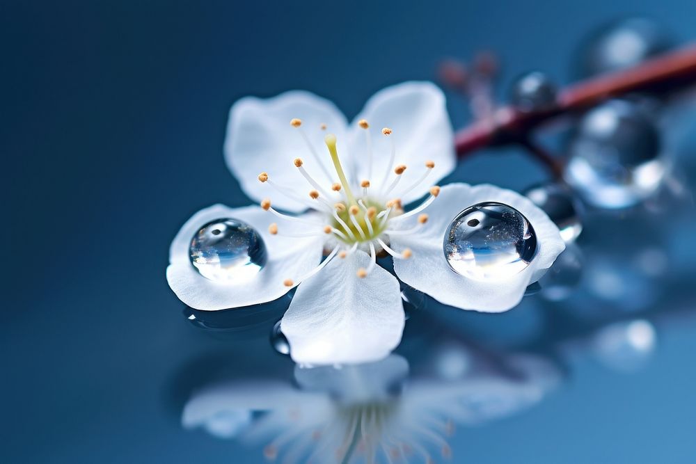 Water droplet on blackthorn flower nature outdoors.