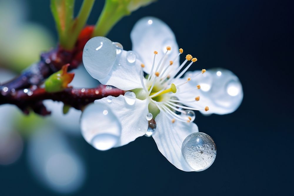 Water droplet on blackthorn flower nature outdoors.