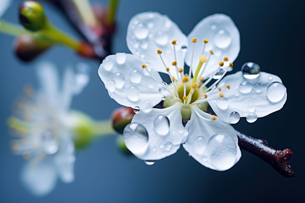 Water droplet on blackthorn flower nature outdoors.