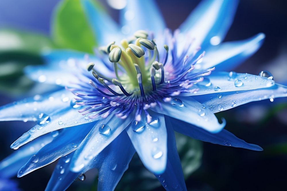 Water droplet on blue passion flower nature outdoors blossom.