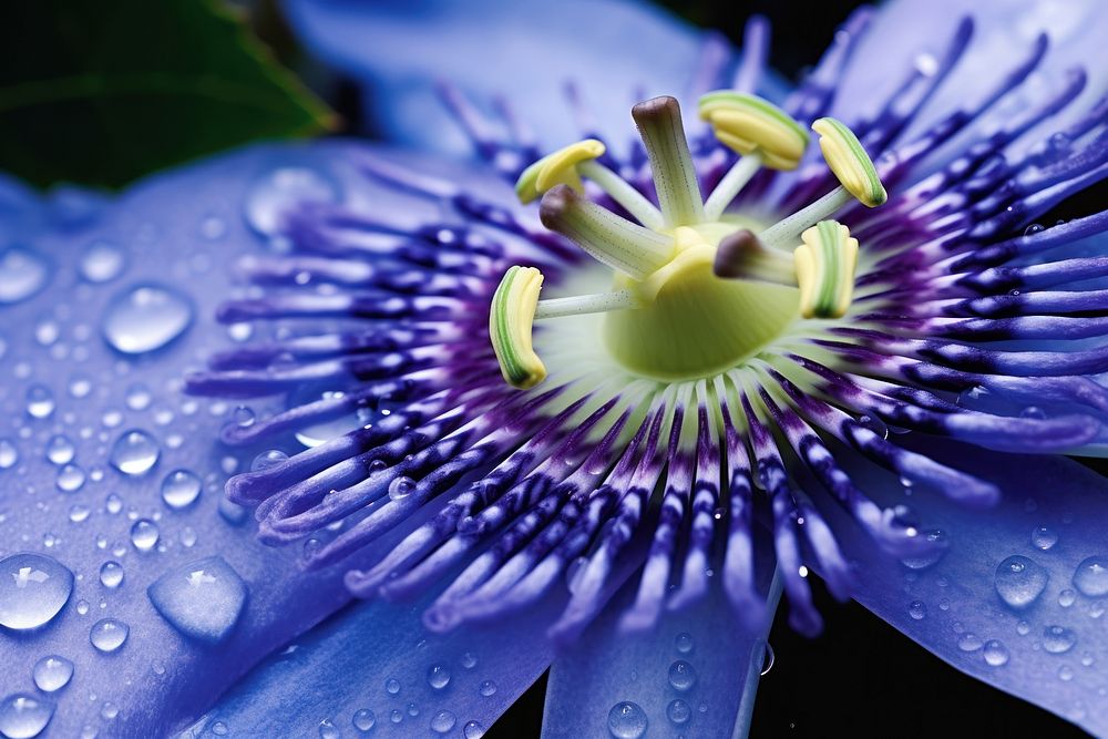 Water droplet on blue passion flower blossom pollen nature.