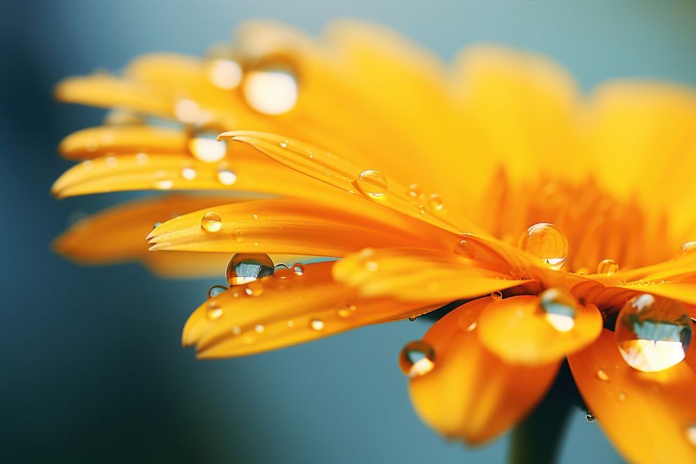 Water droplet on calendula flower nature petal.