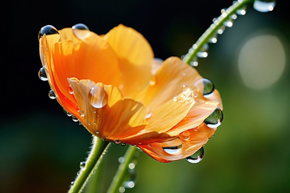 Water droplet on california poppy flower outdoors nature.
