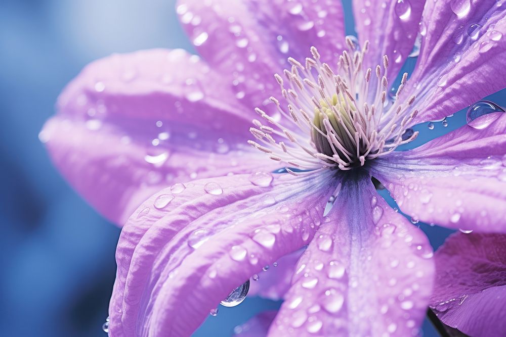 Water droplet on clematis flower nature outdoors.