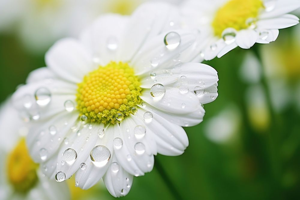 Water droplet on feverfew flower nature outdoors.