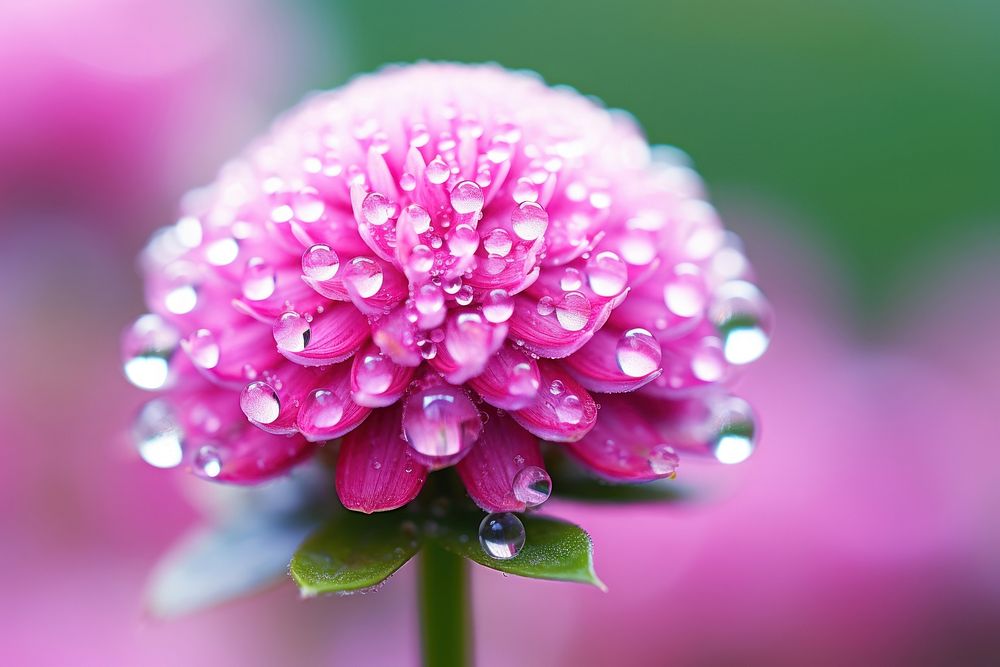 Water droplet on globe amaranth flower outdoors blossom.
