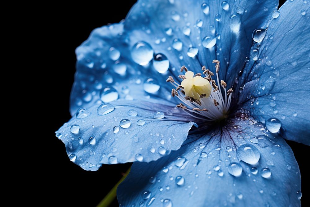 Water droplet on himalayan blue poppy flower blossom nature.