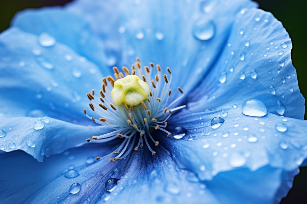 Water droplet on himalayan blue poppy flower blossom nature.