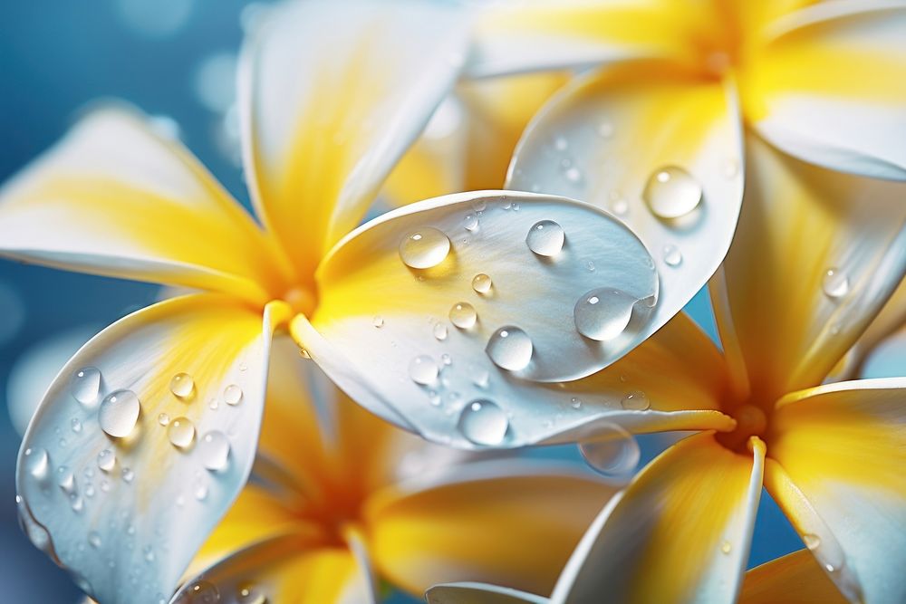 Water droplet on plumeria flower outdoors nature.