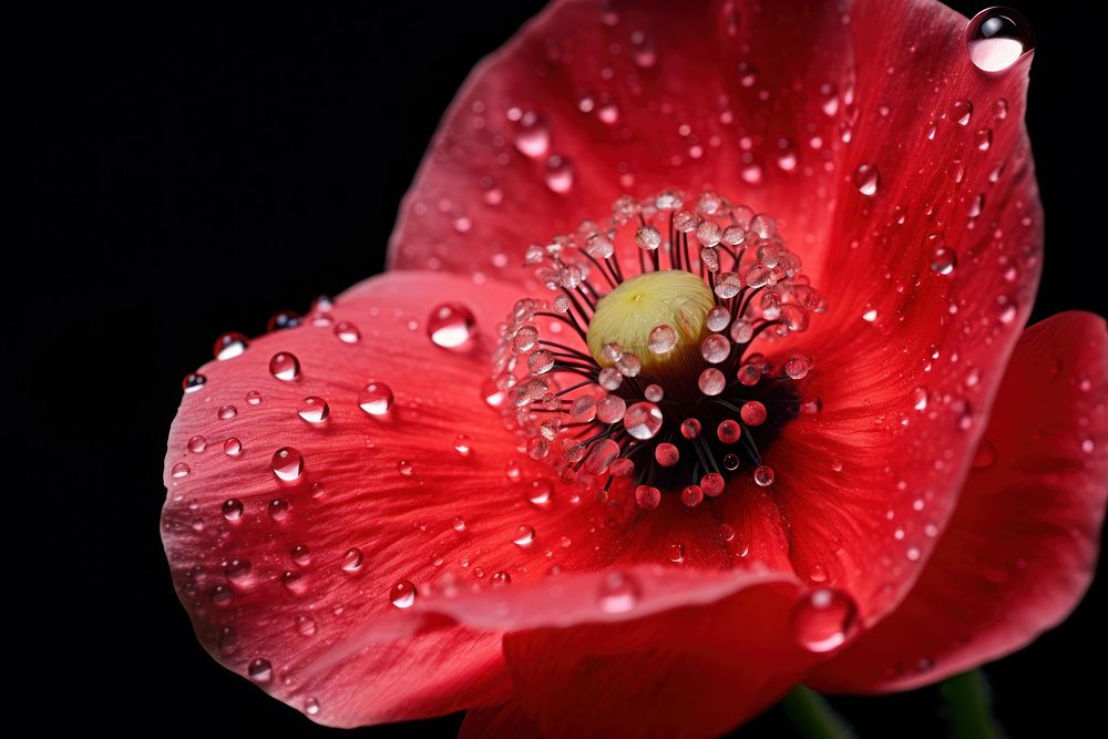 Water droplet on poppy anemone flower blossom nature.