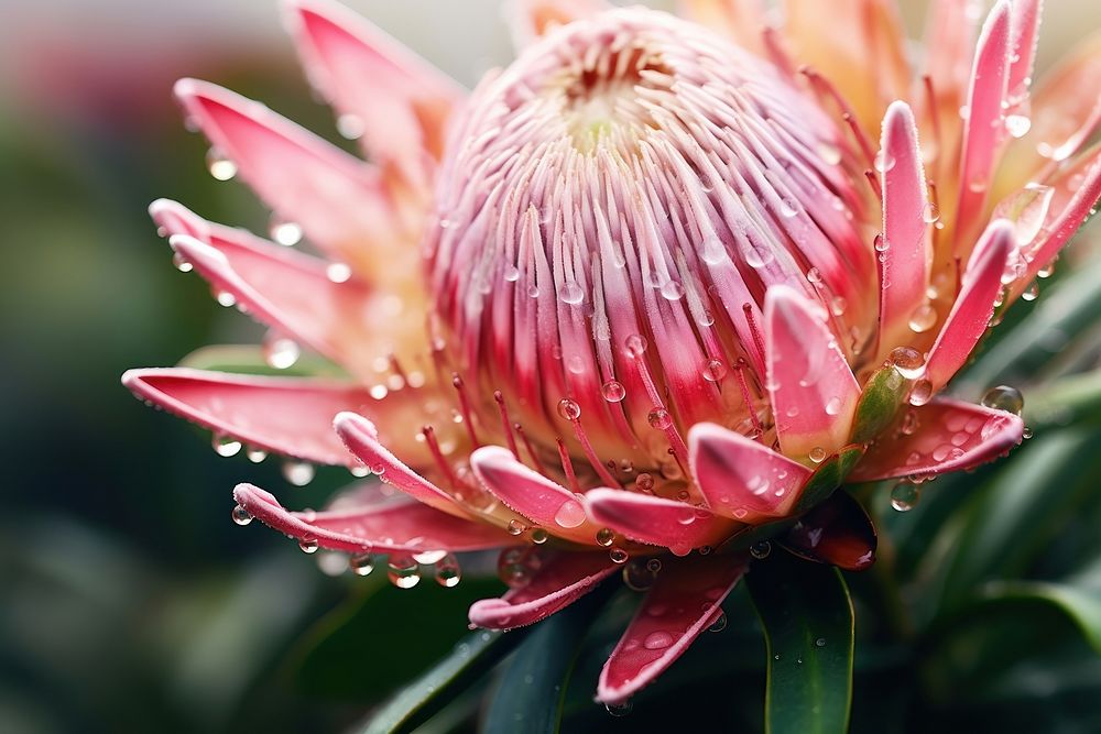 Water droplet on protea flower blossom nature.