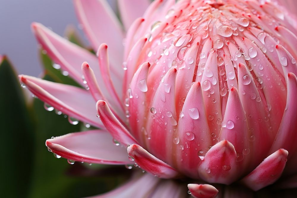 Water droplet on protea flower blossom nature.