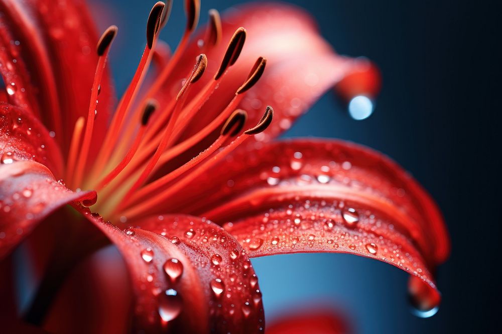 Water droplet on red spider lily flower nature petal.
