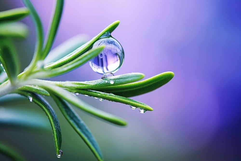 Water droplet on rosemary nature plant leaf.
