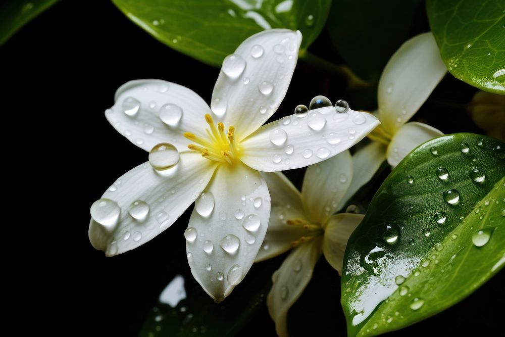 Water droplet on star jasmine flower outdoors blossom.