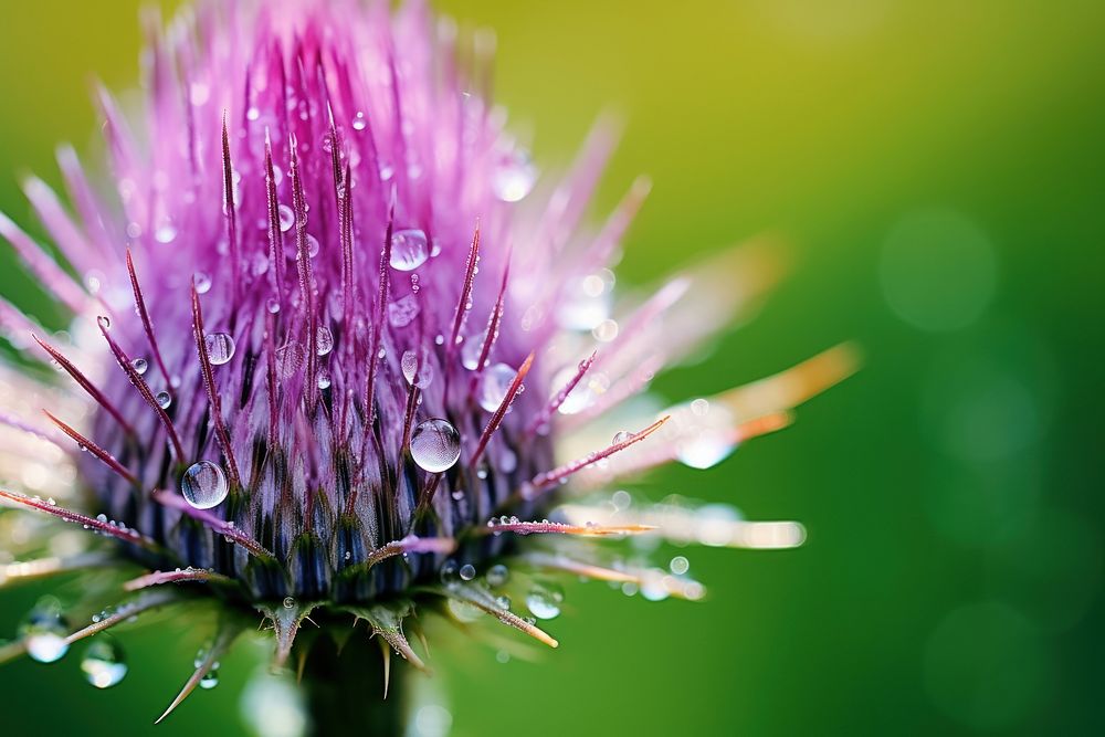 Water droplet on thistle flower blossom nature.