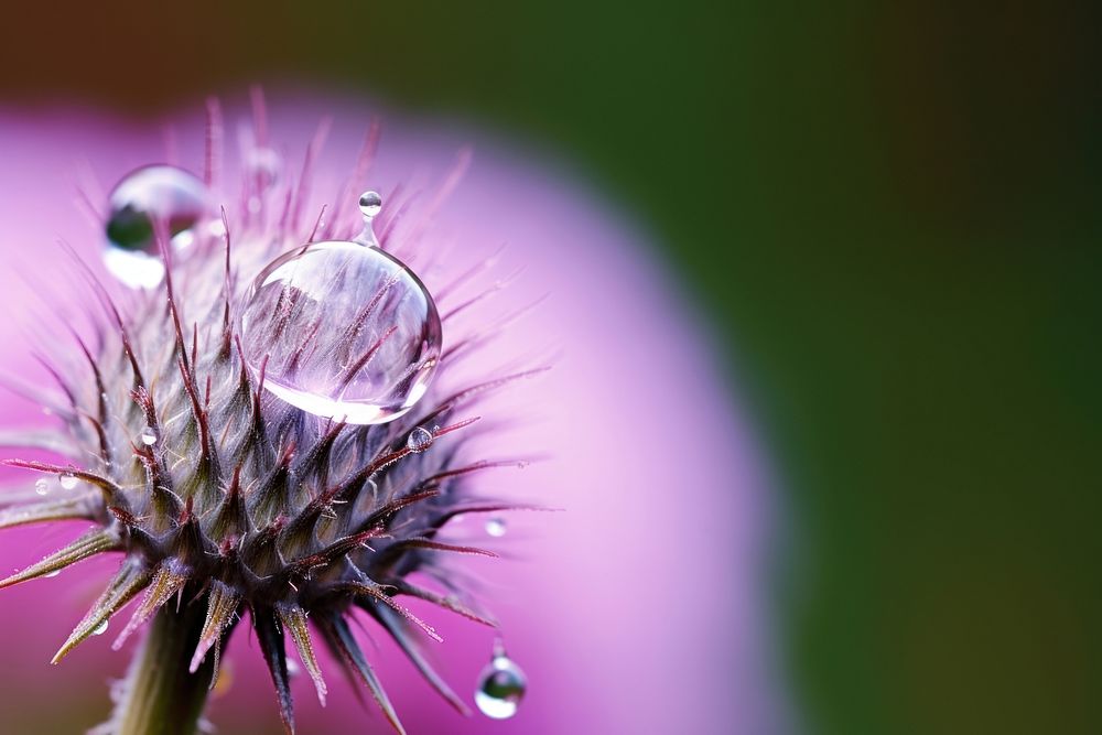 Water droplet on thistle flower blossom nature.