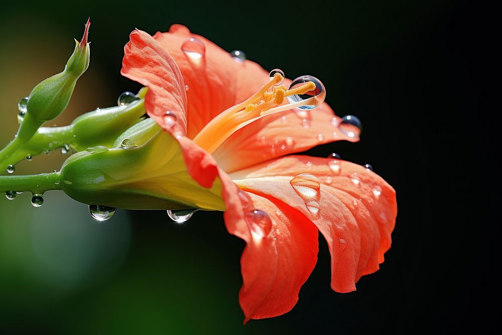 Water droplet on trumpet vine flower blossom nature.