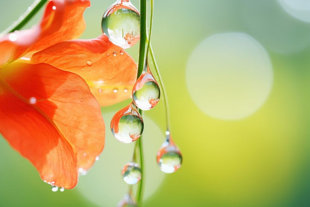 Water droplet on trumpet vine flower outdoors nature.