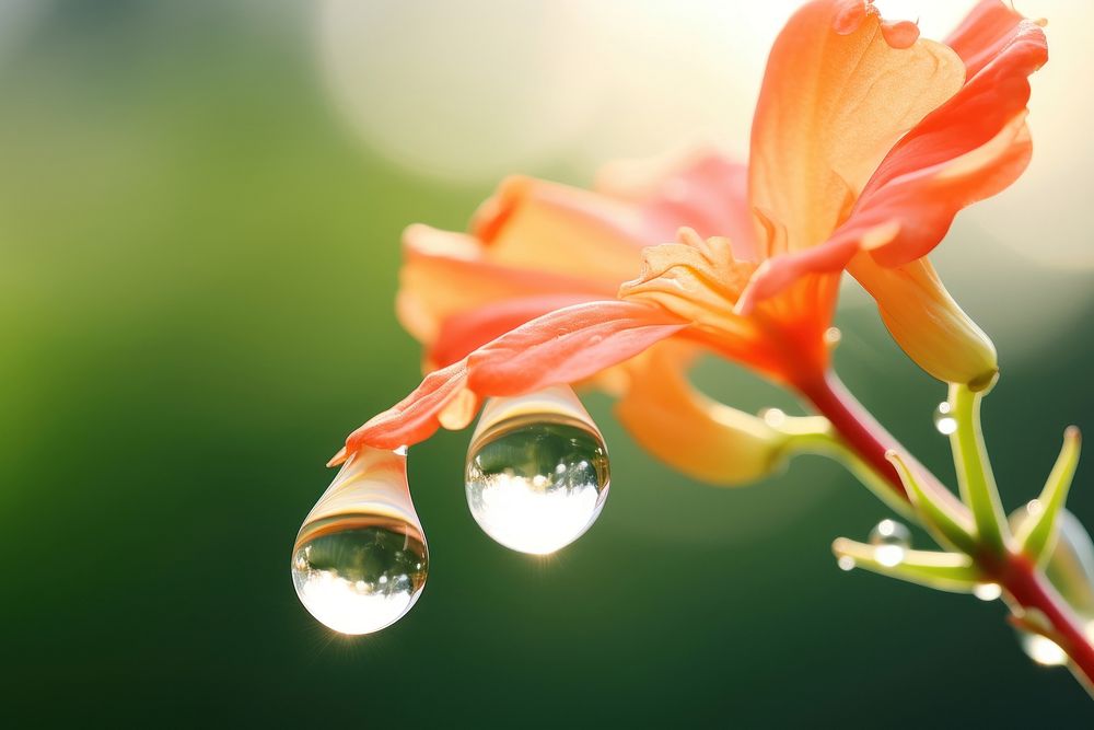 Water droplet on trumpet vine nature flower outdoors.