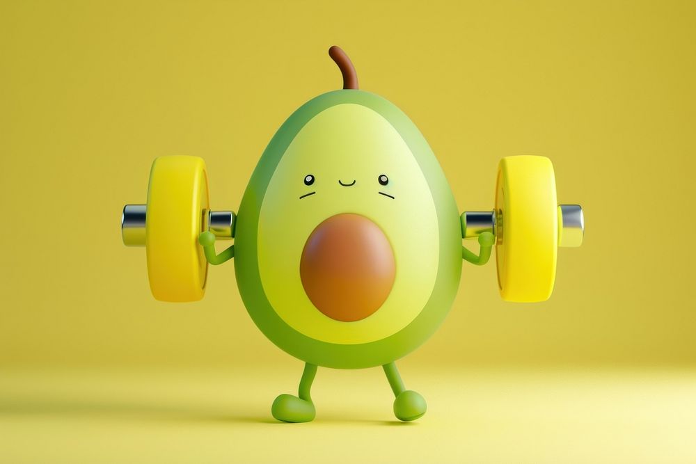 Avocado character cartoon weight exercising.
