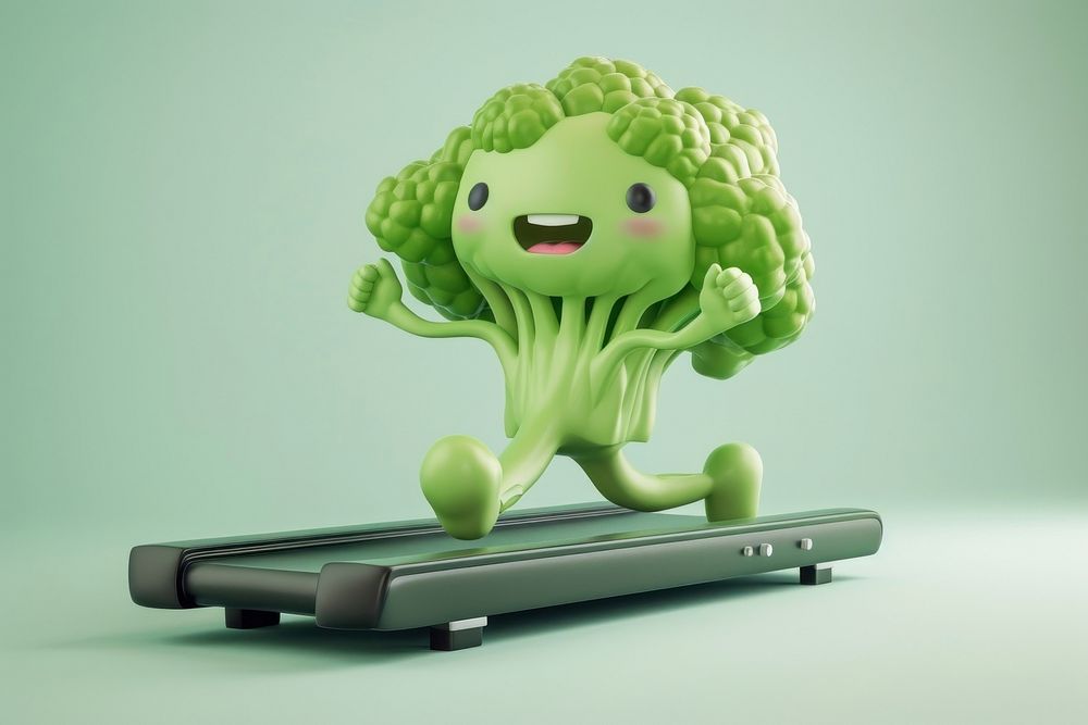 Broccoli character vegetable treadmill cartoon.