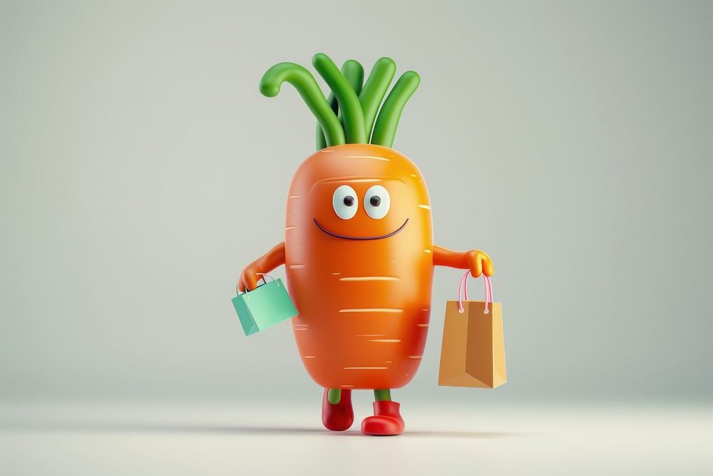 Carrot character holding shopping bag vegetable cartoon plant.